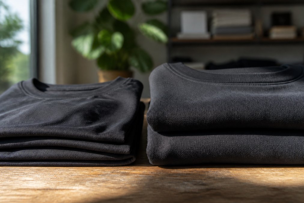 Close-up of two folded t-shirts stacked side by side, one visibly thinner and flimsy, one dense and substantial with visible fabric structure and loft, natural daylight highlighting the weave difference
