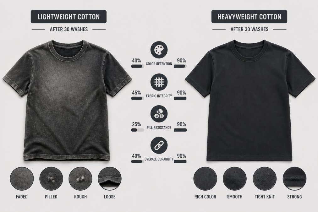 Two worn t-shirts displayed flat on a clean surface, one faded, pilled, and visibly degraded after multiple washes, the other retaining color depth and smooth fabric surface, showing clear contrast in durability outcomes