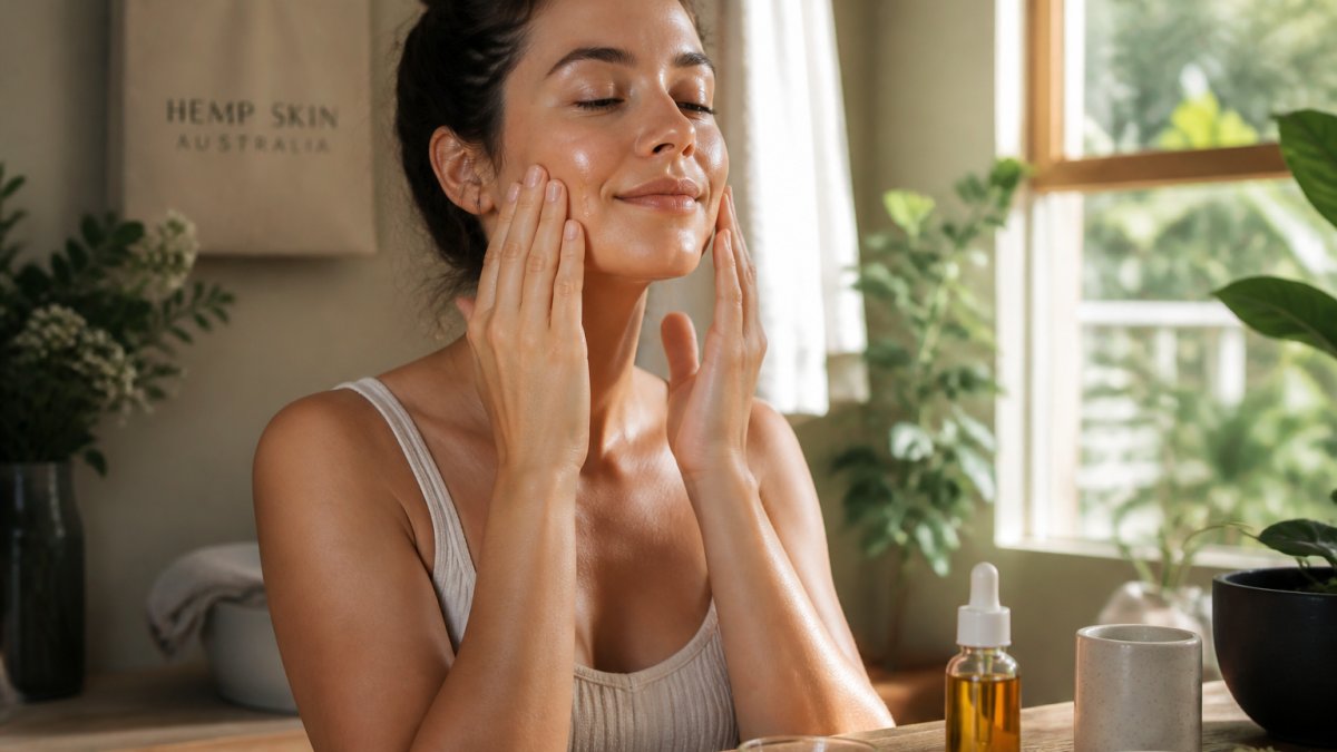 A woman with natural, glowing skin gently pressing a few drops of golden face oil into her cheeks, soft morning light through a window, calm and earthy bathroom setting with plants and a wooden counter