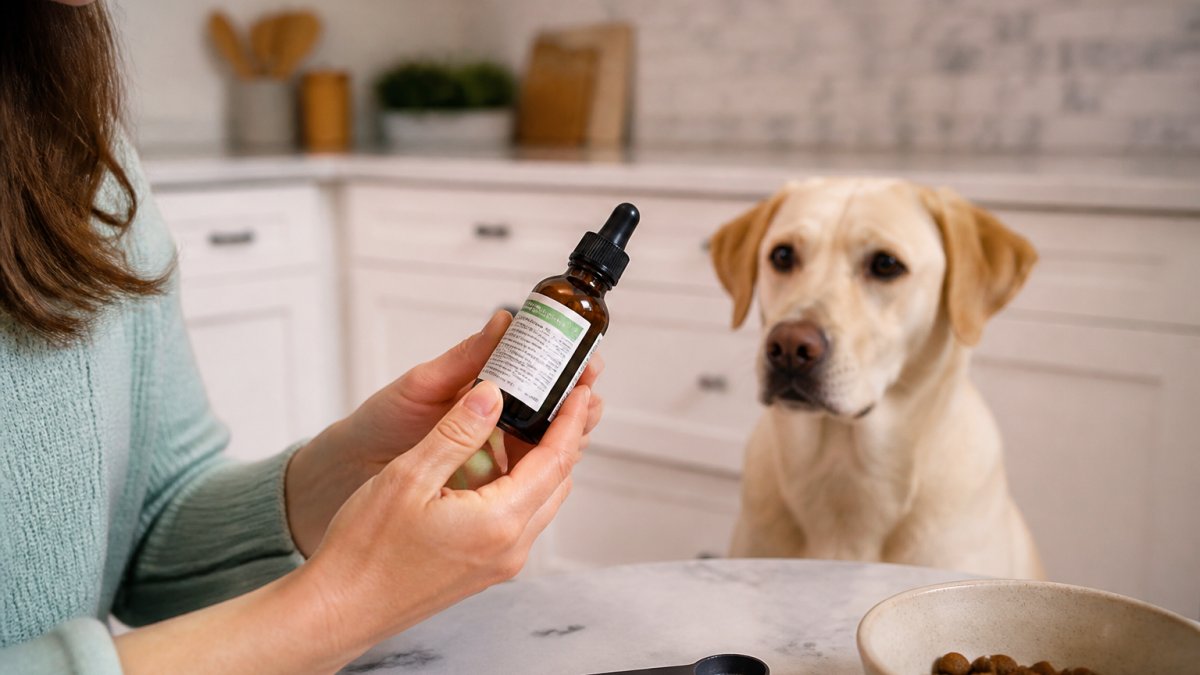 Close-up of a pet owner's hands holding a hemp oil bottle and reading the label while a dog sits nearby in a bright home kitchen
