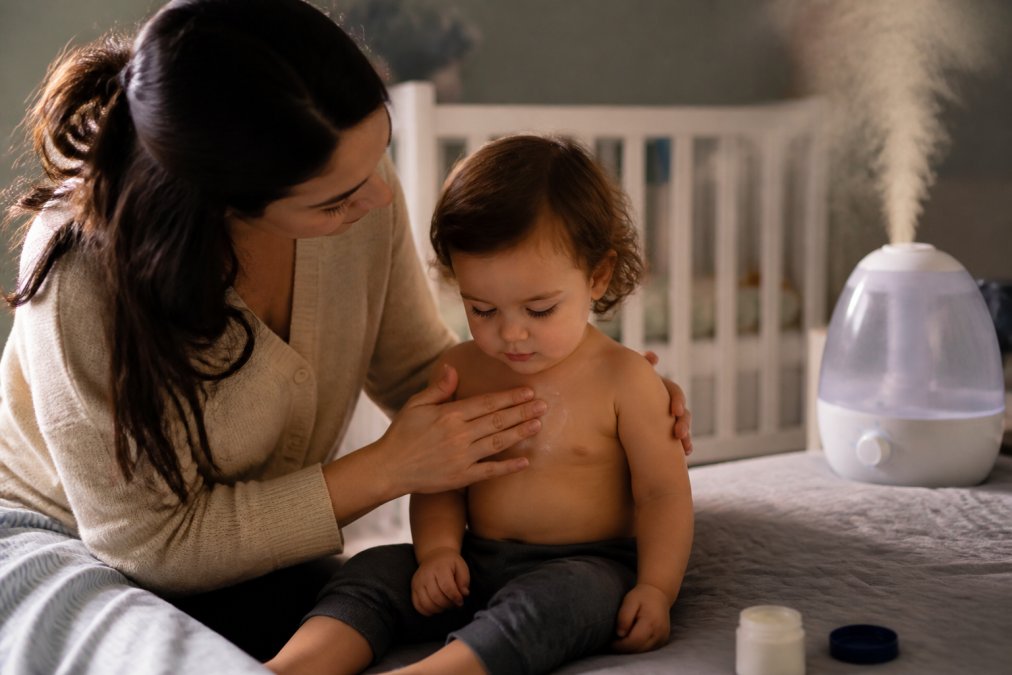 Parent applying gentle chest rub to a toddler in a warm nursery with a humidifier, a natural alternative to herbal cough