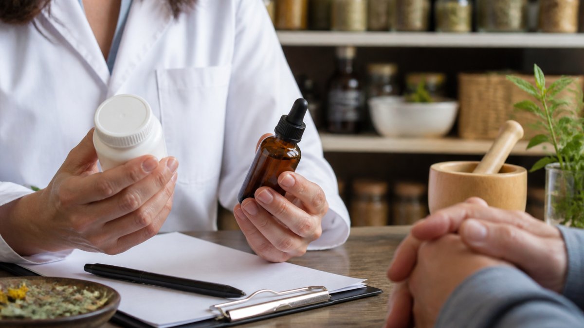 Pharmacist reviewing a medication bottle and herbal tincture during a consultation at a pharmacy counter