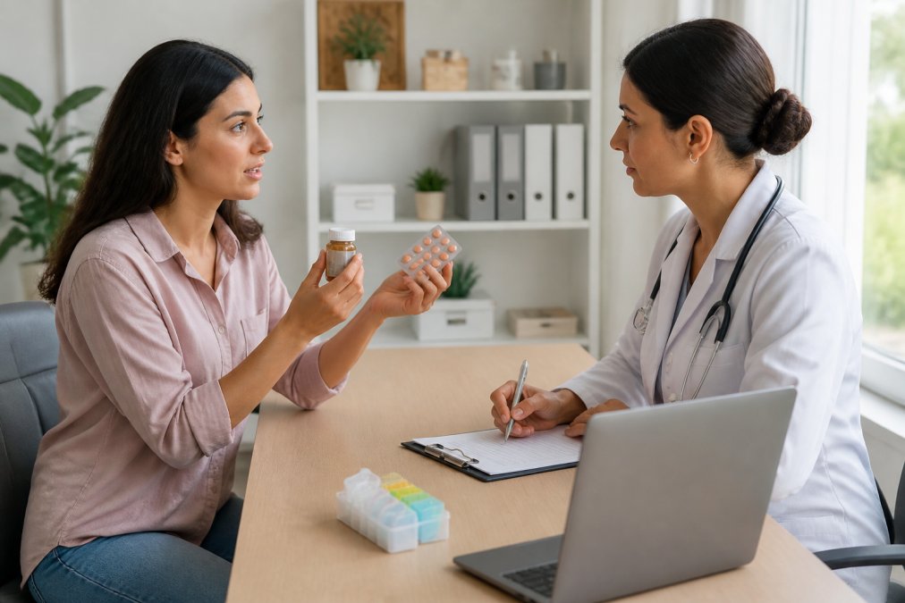 A woman in a bright consultation room showing a supplement bottle and a birth control pack to her doctor, who is taking notes on a clipboard. Both are seated at a desk with a laptop and a pill organizer visible.