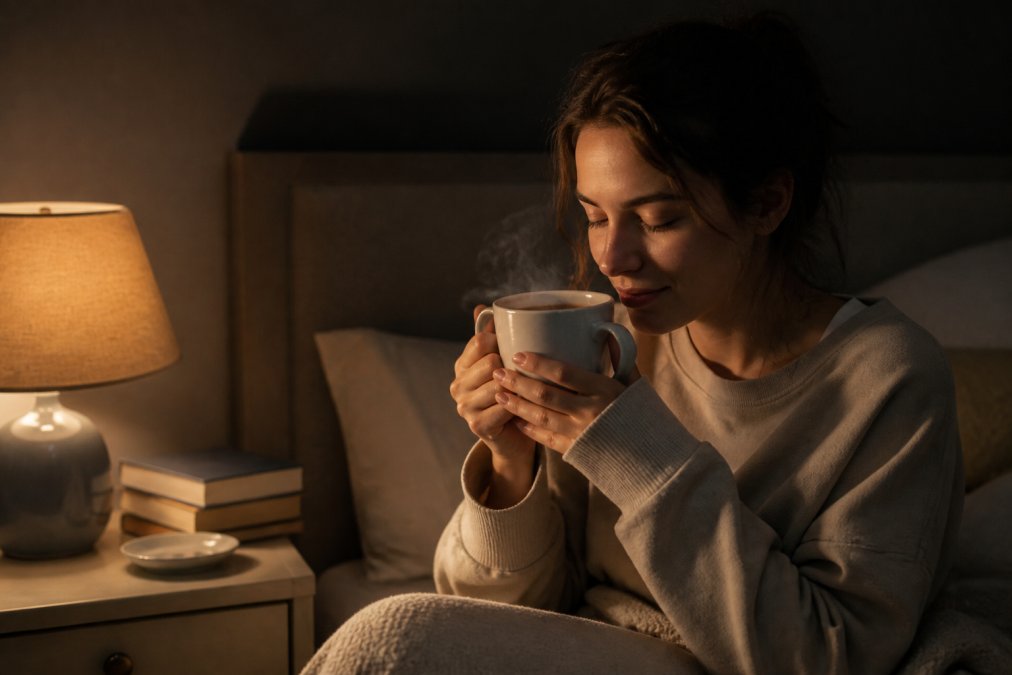 A steaming ceramic mug of golden herbal tea on a bedside table next to a stack of books and a softly glowing lamp in a dark, cozy bedroom