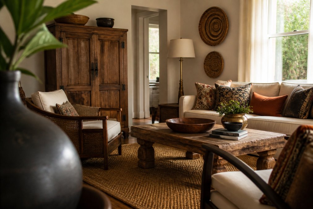 A warmly lit living room featuring a mix of vintage wood furniture, heirloom textiles, and contemporary accents, with natural materials like rattan, linen, and aged brass visible throughout the curated space, afternoon sunlight filtering through sheer curtains