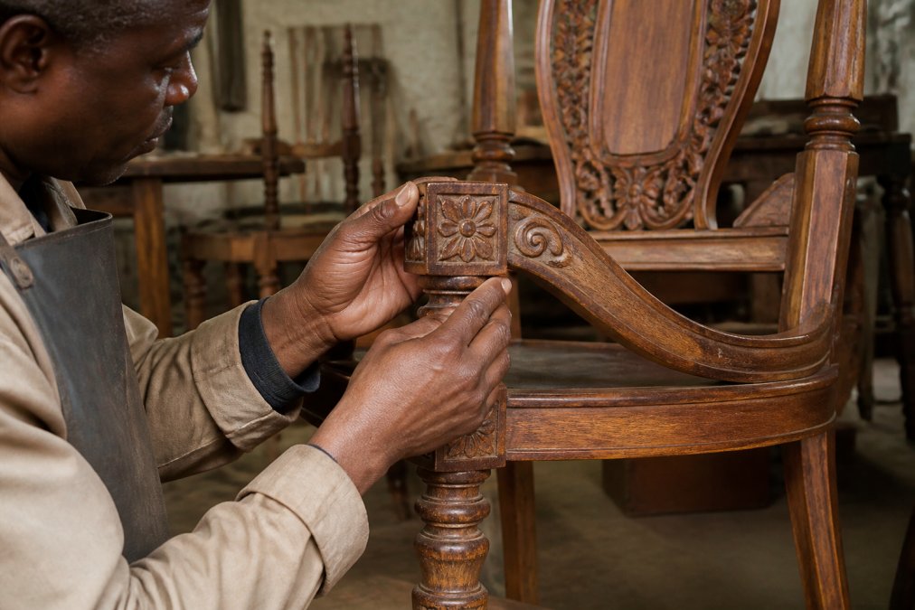 Close-up of a craftsperson's hands carefully examining hand-carved joinery on a solid wood heritage-style chair in a workshop, warm overhead lighting revealing the natural wood grain and aged patina of the piece