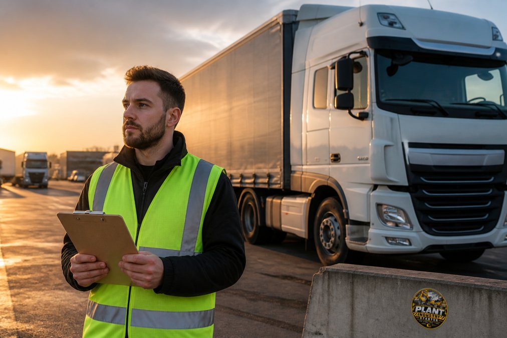 A man in his late twenties wearing a high-vis vest and holding a clipboard, standing next to a large articulated lorry in a haulage yard at dawn