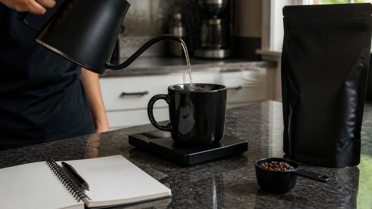A close-up of a dark coffee pour from a gooseneck kettle into a scale-topped mug on a kitchen counter, with a small notebook and pen nearby for tracking caffeine intake