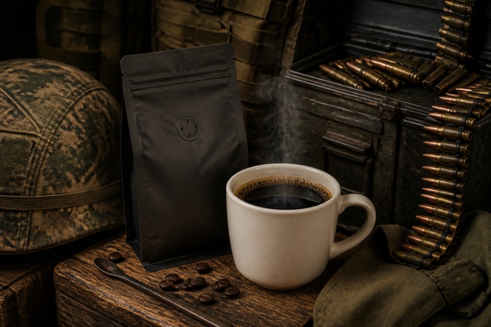 Military-themed coffee packaging displayed prominently with a full cup of dark roast coffee showing rich crema and deep brown color, emphasizing premium quality and strength against a tactical backdrop