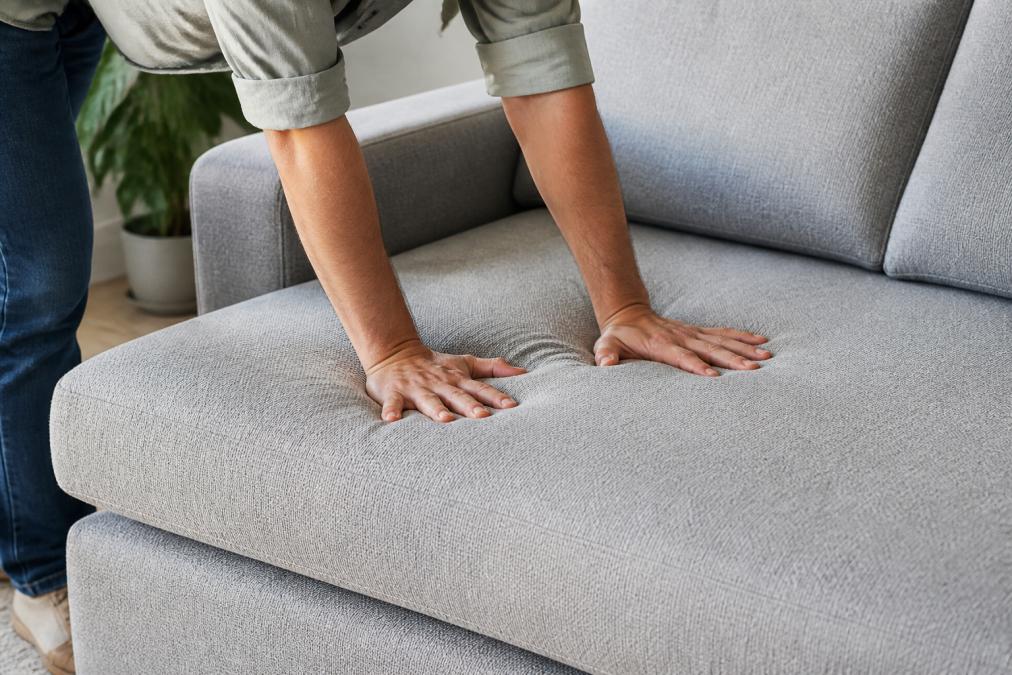 A person pressing down firmly on a sofa cushion with both hands, showing the foam compression and recovery in a well-lit living room setting