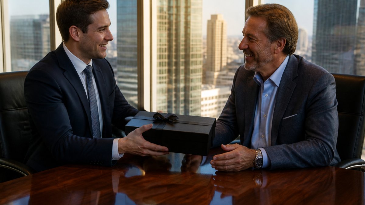 Financial advisor handing a high-end executive gifting box to a client in a modern office with a city view