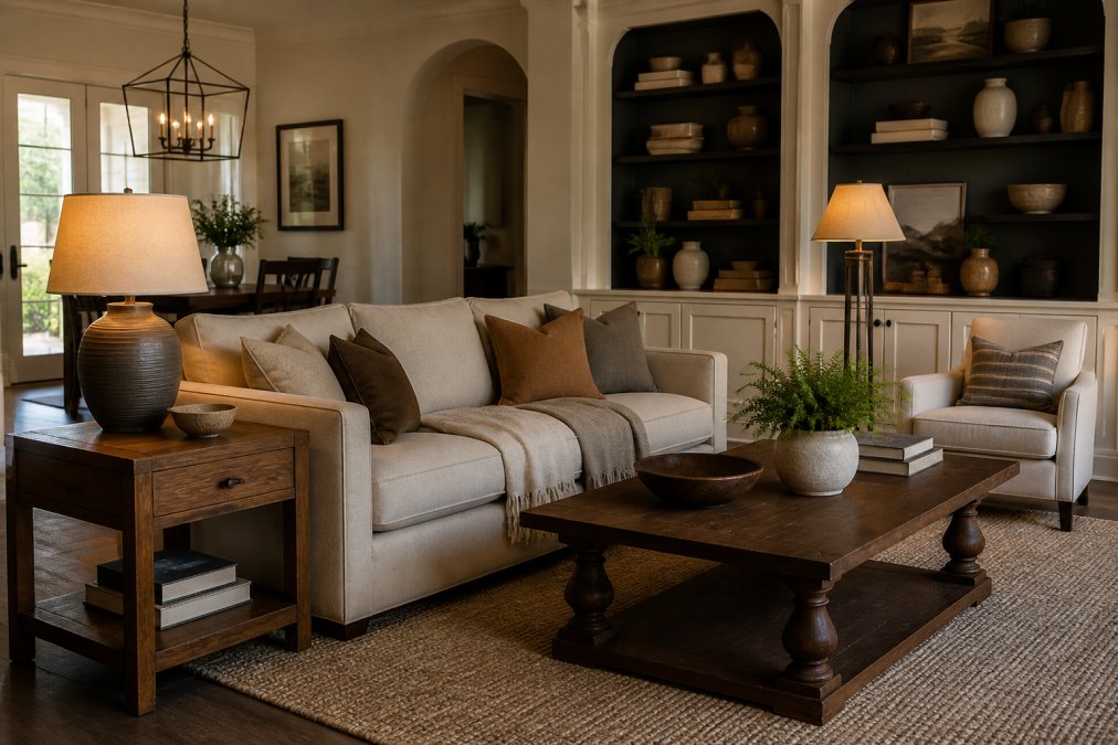 Beautifully styled living room with mix of investment pieces including solid wood side table, quality upholstered sofa, architectural shelving, and layered lighting from pendant fixtures and table lamps creating warm ambiance