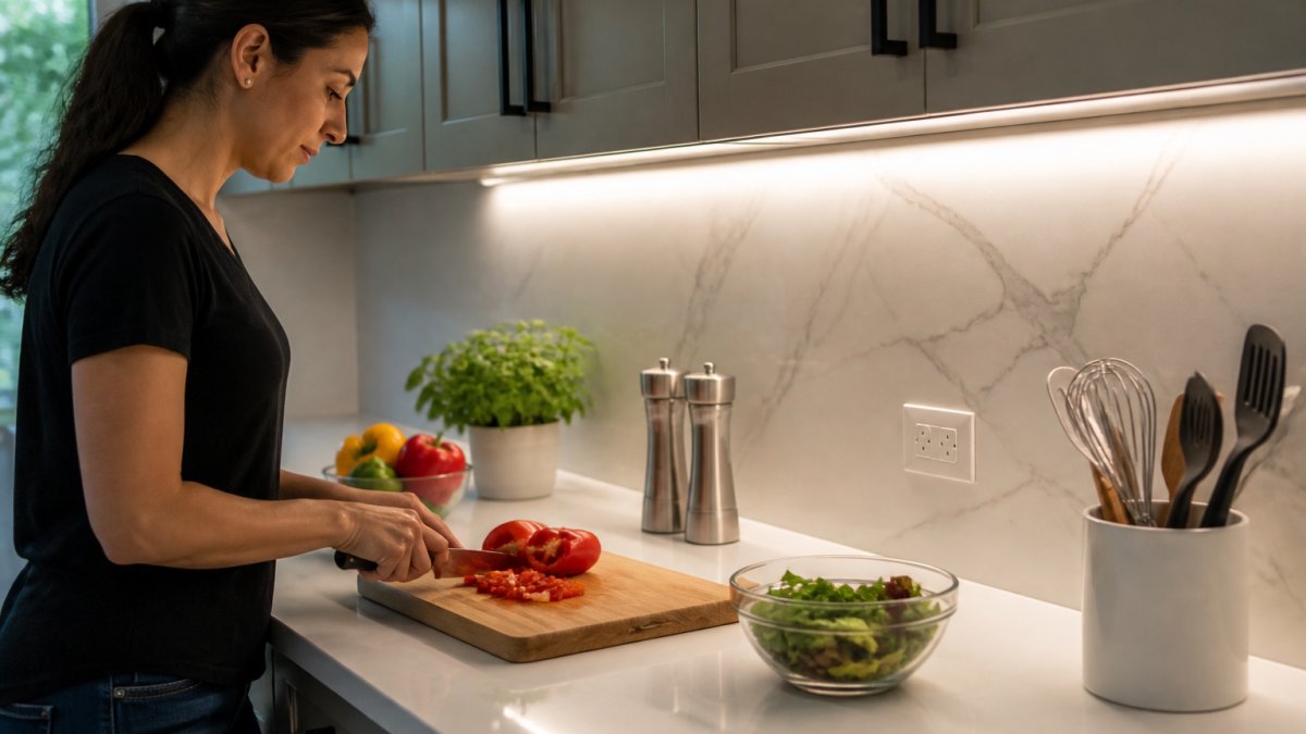 Close-up of a modern kitchen countertop lit by under-cabinet LED strips, with a cook prepping vegetables and clear, shadow-free light falling on the cutting board