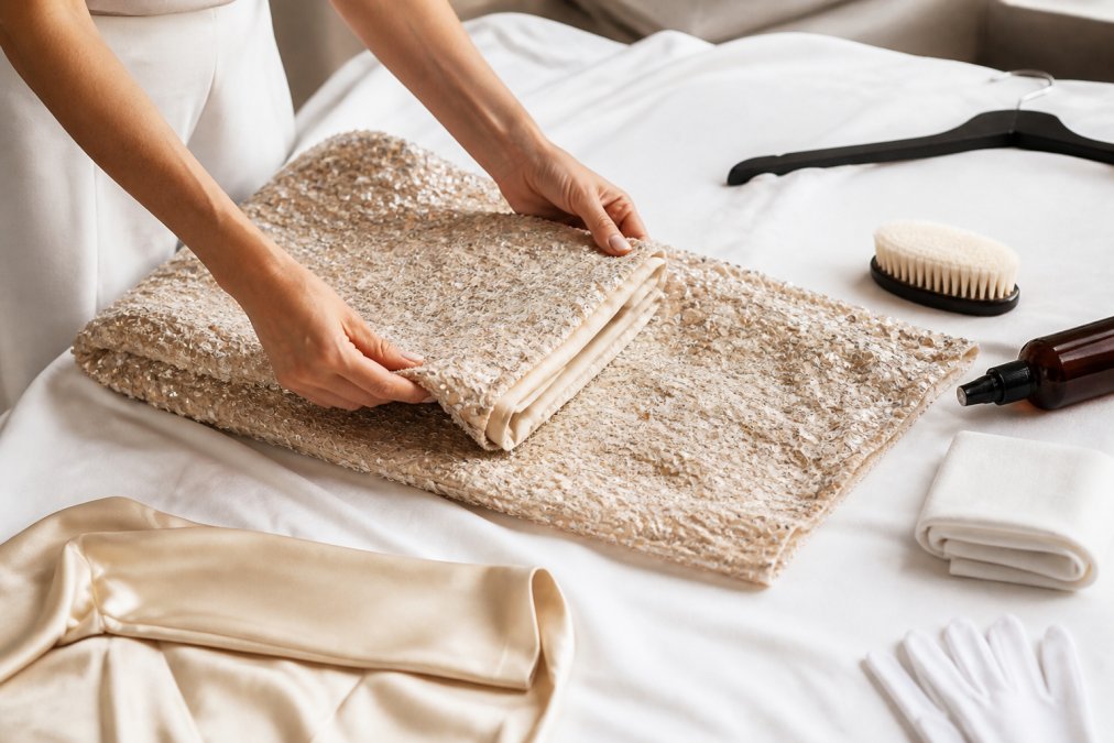 Hands carefully folding a delicate sequined evening gown with soft brush and garment care supplies visible nearby on white linen