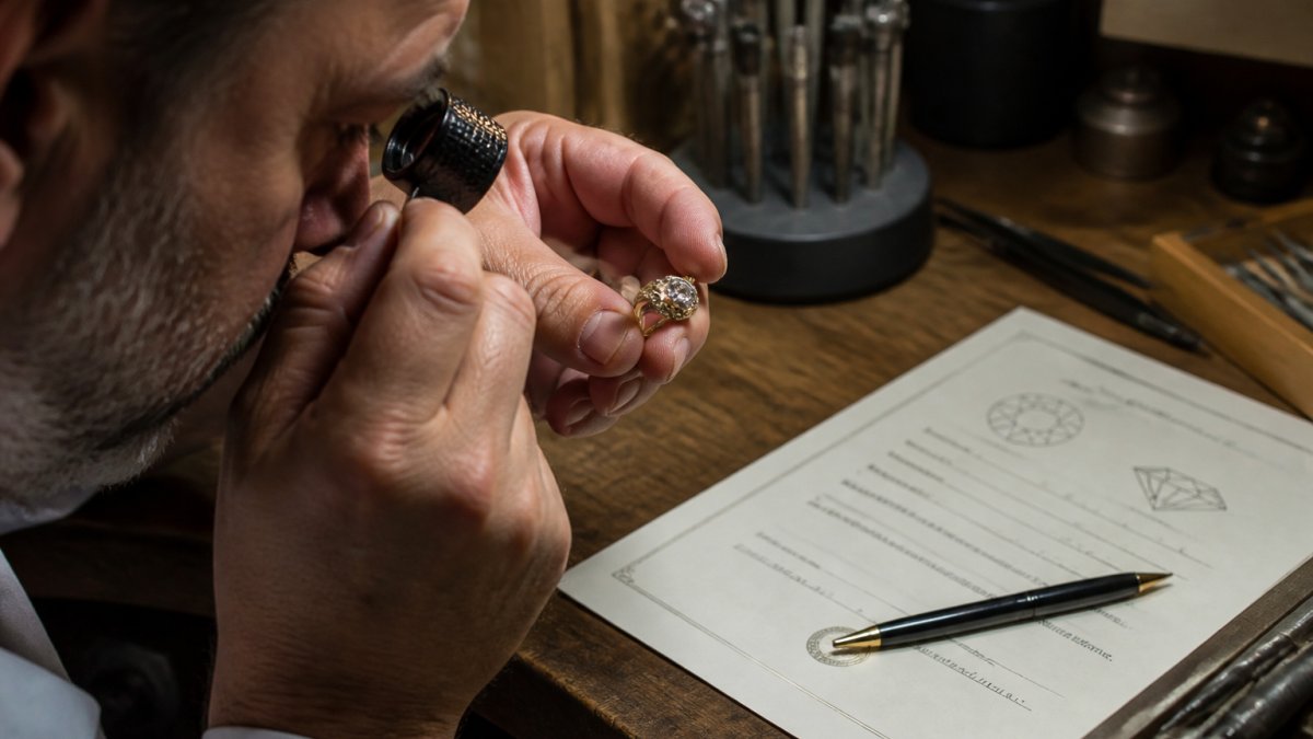 Jeweler using a loupe to inspect an antique diamond ring with a grading certificate on a workbench