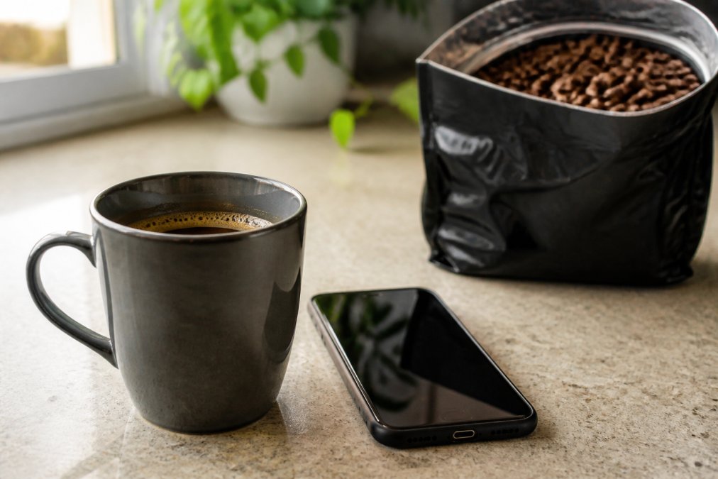 Close-up of a ceramic coffee cup next to a smartphone displaying a caffeine tracking app, with a bag of whole coffee beans in the background on a kitchen counter, soft morning light