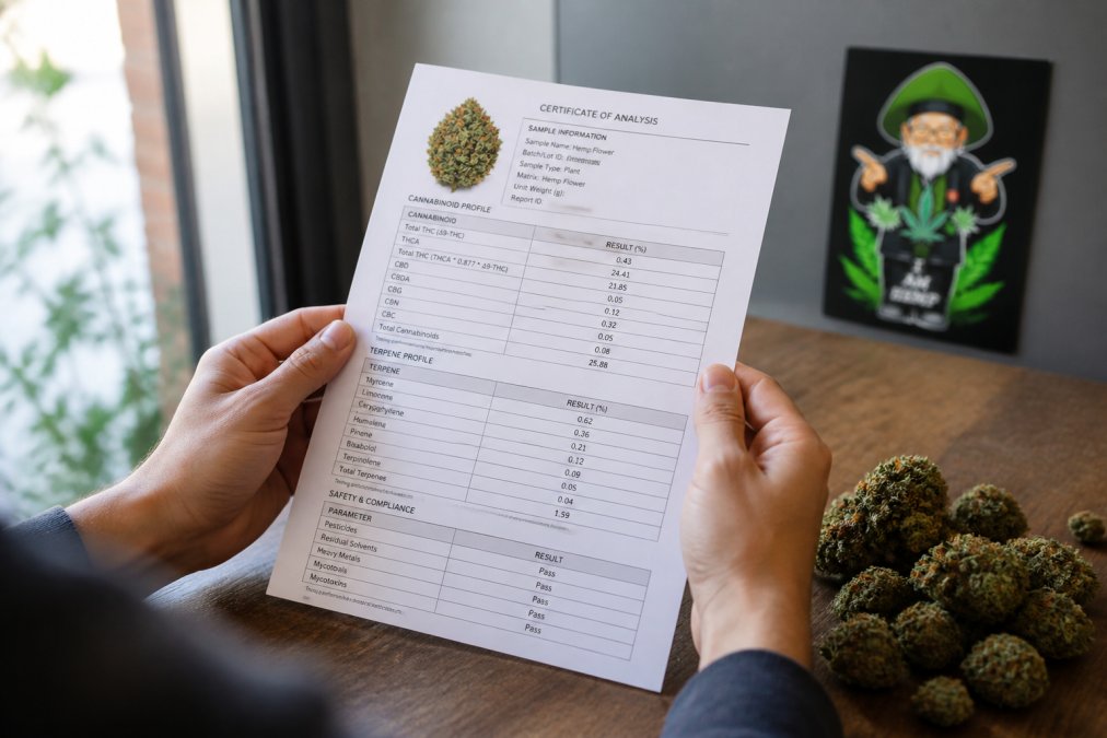 Close-up of hands holding a printed Certificate of Analysis document showing lab test results with hemp flower buds visible in the background on a wooden surface