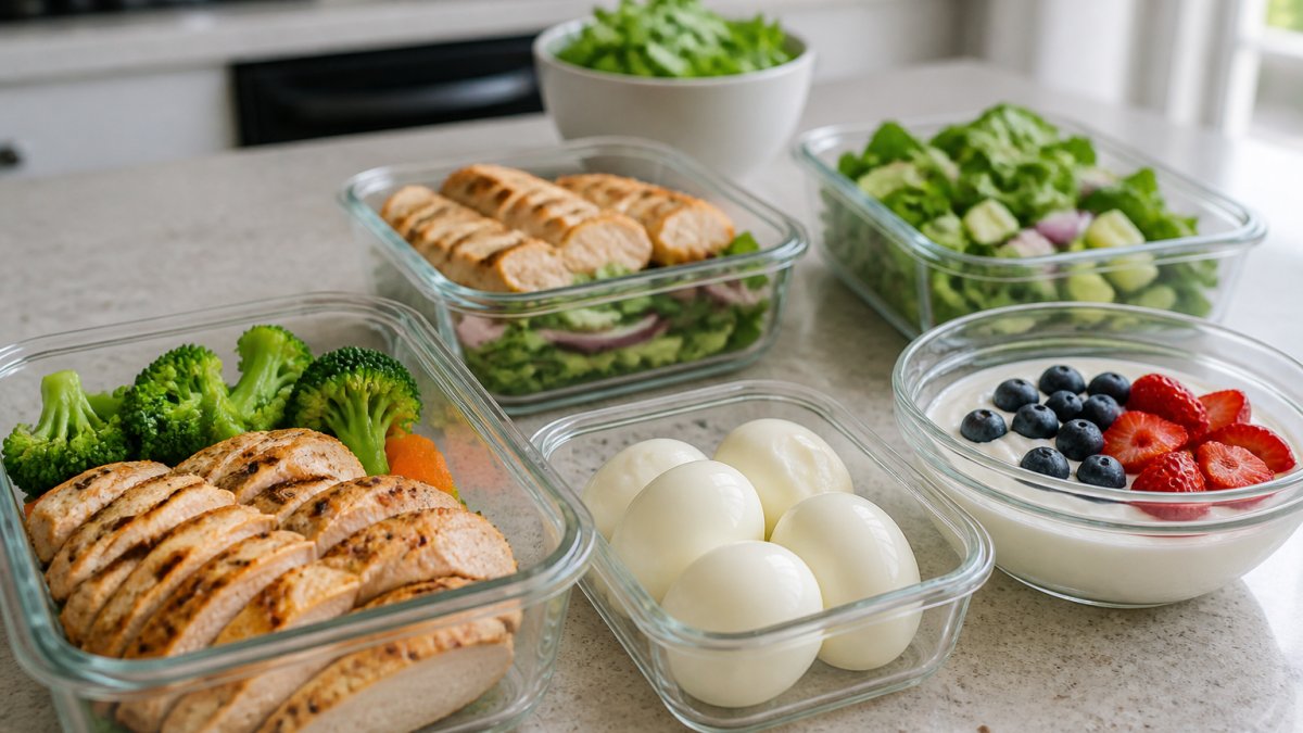 A kitchen counter with meal-prep containers filled with grilled chicken, hard-boiled eggs, Greek yogurt, and mixed greens, natural daylight