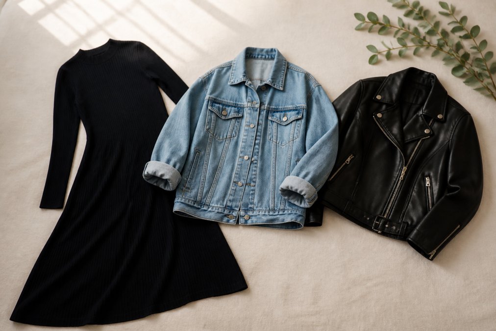 A neatly arranged flat lay of versatile women's wardrobe pieces including a dark knit maxi dress, an oversized denim jacket, and a black moto jacket on a clean cream-colored surface, photographed in soft overhead natural light