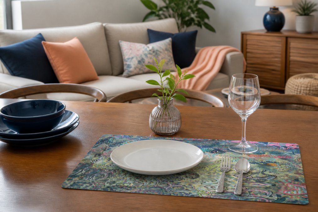 Styled home interior with thoughtfully arranged quality decor pieces, colorful textile accents, patterned placemats, and carefully placed accent pillows creating a cohesive, curated aesthetic