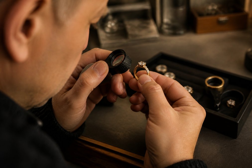 Close-up of hands examining a gold ring with a jeweler's loupe under warm lighting, showing appraisal in progress