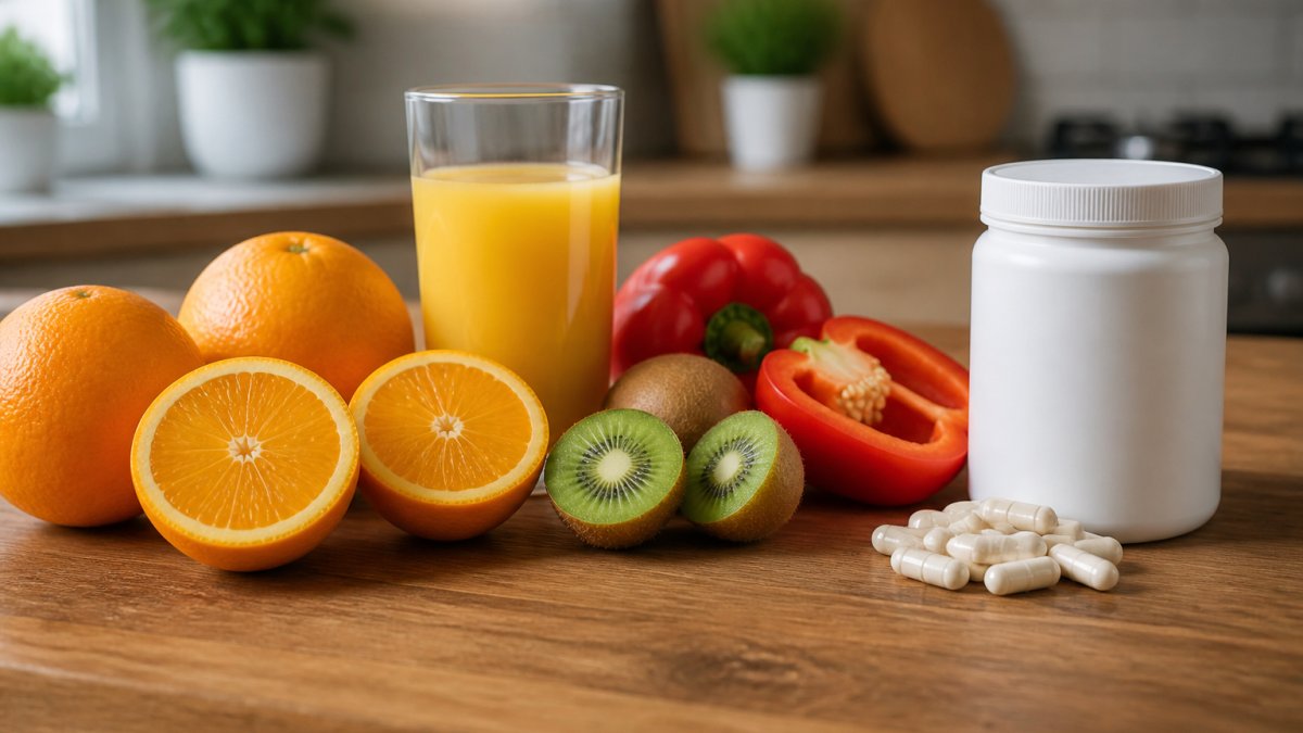 A wooden kitchen counter with fresh oranges, red peppers, kiwi fruit and a glass of orange juice beside a plain white supplement tub with loose capsules, shot in natural daylight
