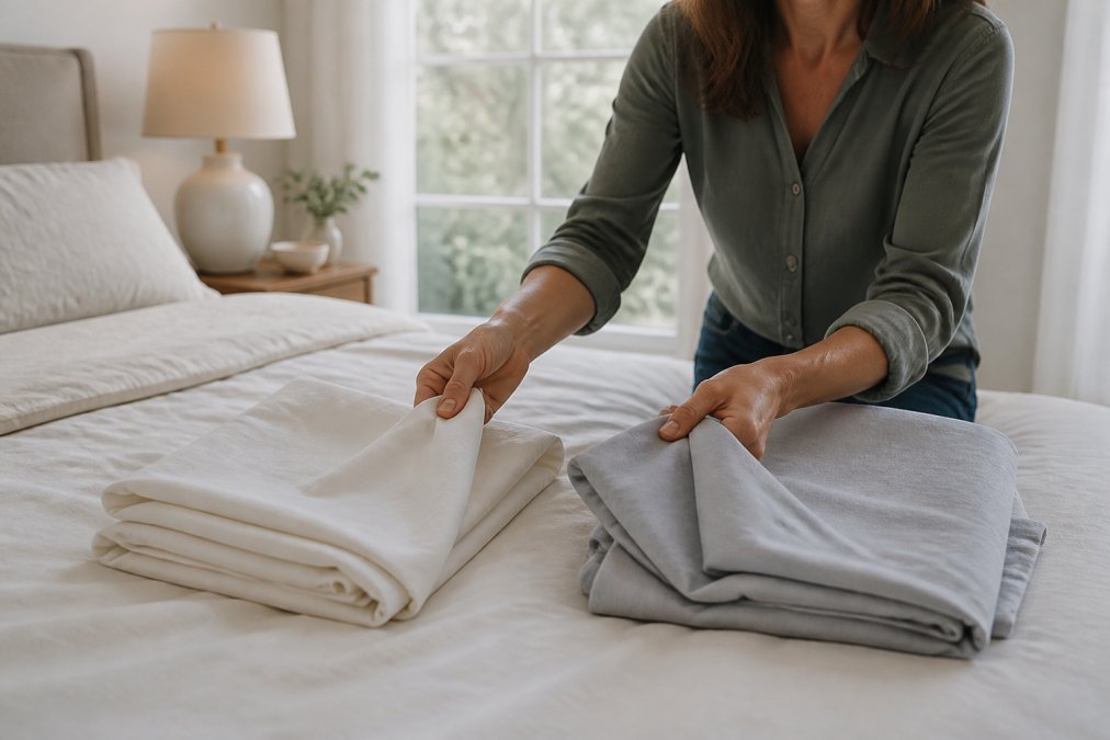 A person in a bright bedroom pressing the fabric of a folded bedsheet between their fingers, comparing the hand-feel of two different sheet sets laid out on the bed
