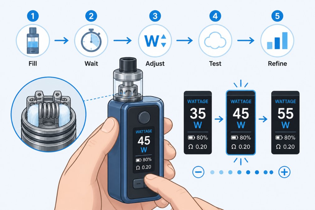 Close-up of a hand adjusting wattage settings on a vape device with a coil visible, showing the technical adjustment process