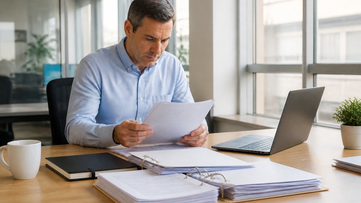 Compliance officer reviewing digital dashboard and documents at a desk in a modern office