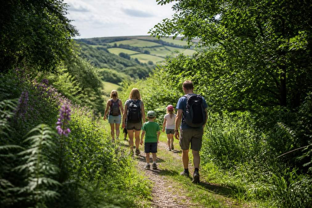 A family group of three adults and two children walking through a wooded valley path with rolling green hills visible in the distance, wildflowers blooming on the verge, dappled sunlight filtering through the trees