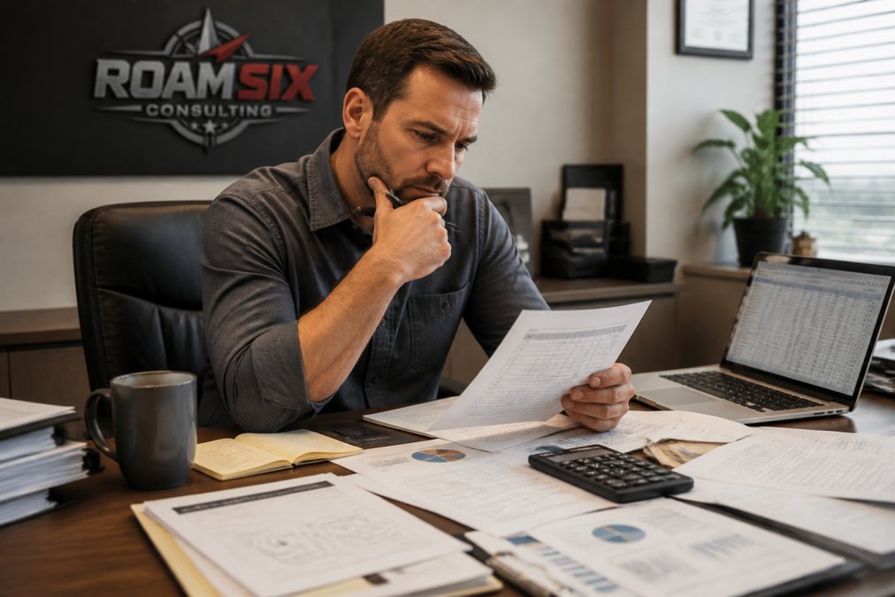 A small business owner reviewing financial documents and charts at a cluttered desk, looking thoughtful, with a laptop open showing a spreadsheet