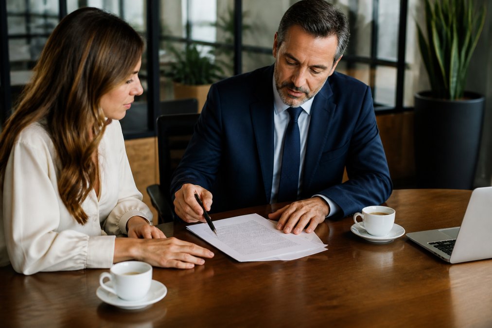 A business attorney and a client reviewing a printed contract together at a wooden conference table, with a pen, laptop, and coffee cups visible in a bright office setting