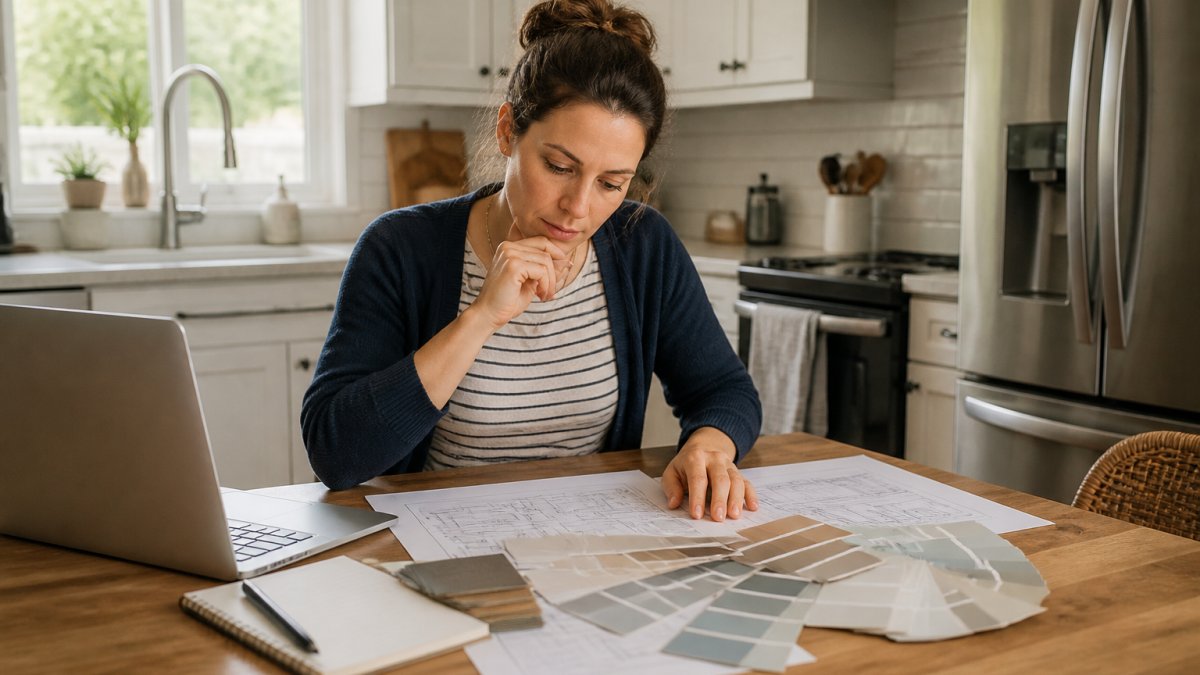 A homeowner in casual clothes reviewing renovation plans and paint swatches at a kitchen table, with a laptop open and a notebook beside them, natural daylight
