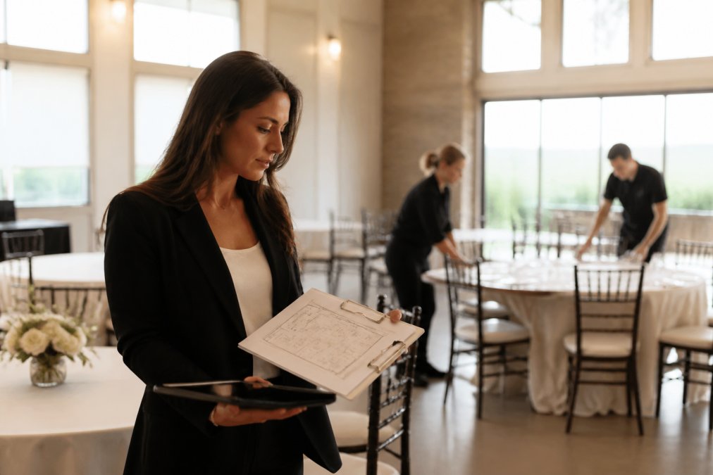 Corporate event planner reviewing a venue layout on a tablet while staff sets up tables in a modern space.