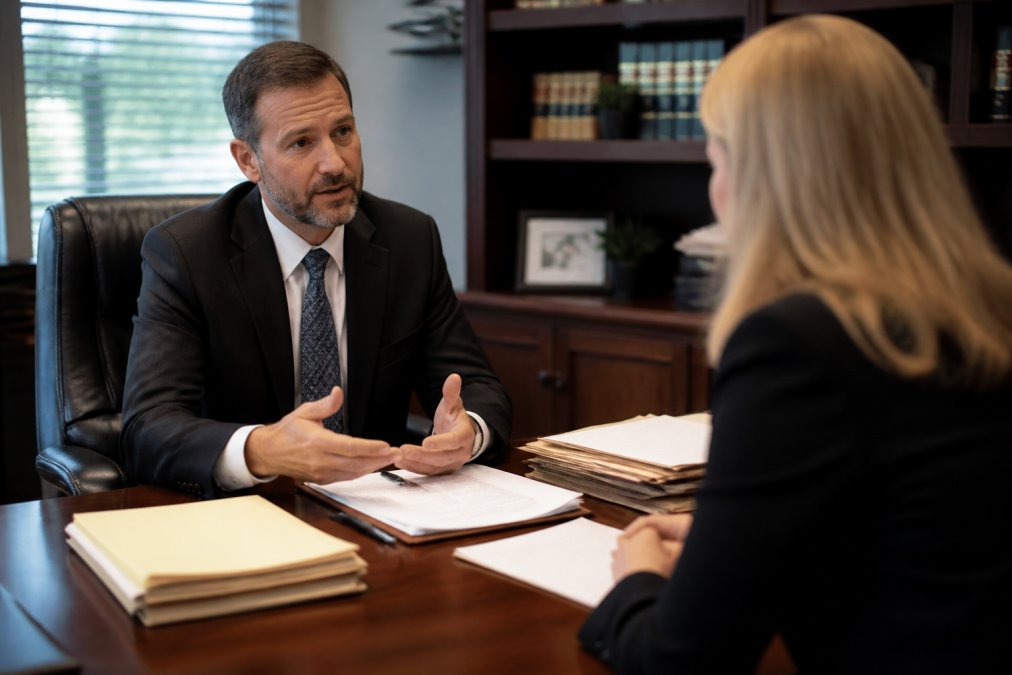 Professional attorney meeting with client across desk in law office, documents and legal papers visible on desk, natural window lighting, conveying trust and serious legal consultation