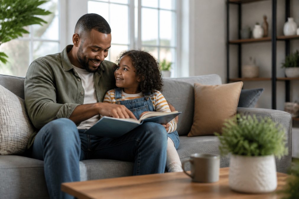 Parent and child in supportive moment at home, natural lighting through windows, representing stability and security that proper legal child support arrangements provide