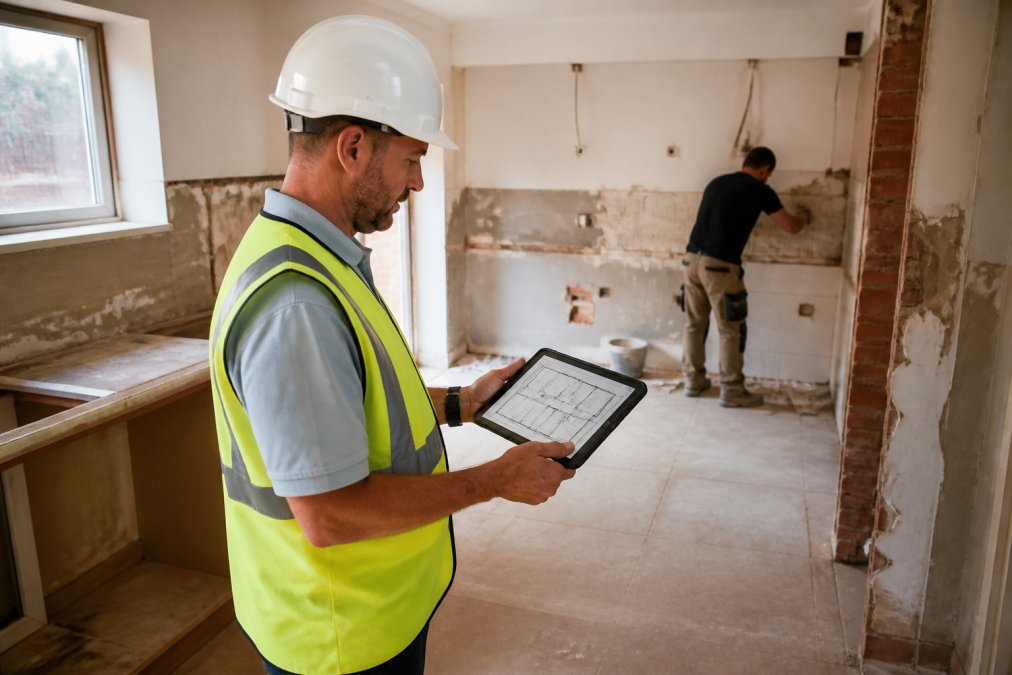 Renovation project manager reviewing architectural plans on a tablet in a kitchen under construction
