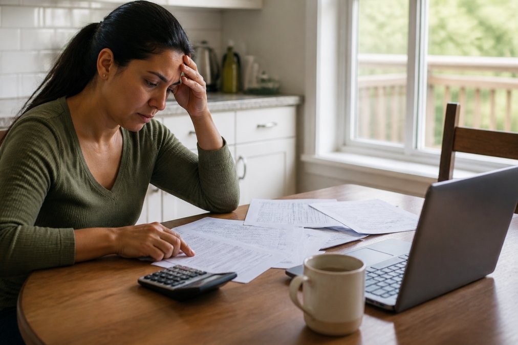 A person at a kitchen table reviewing legal paperwork and a calculator with a laptop open to a court website, natural window light