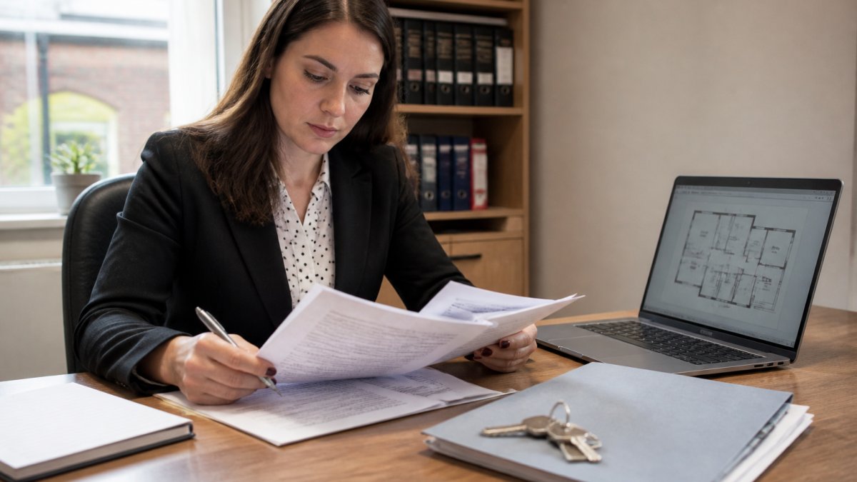 A conveyancer at a tidy desk reviewing property title documents and a laptop showing a floor plan, with a house key and folder of paperwork beside them