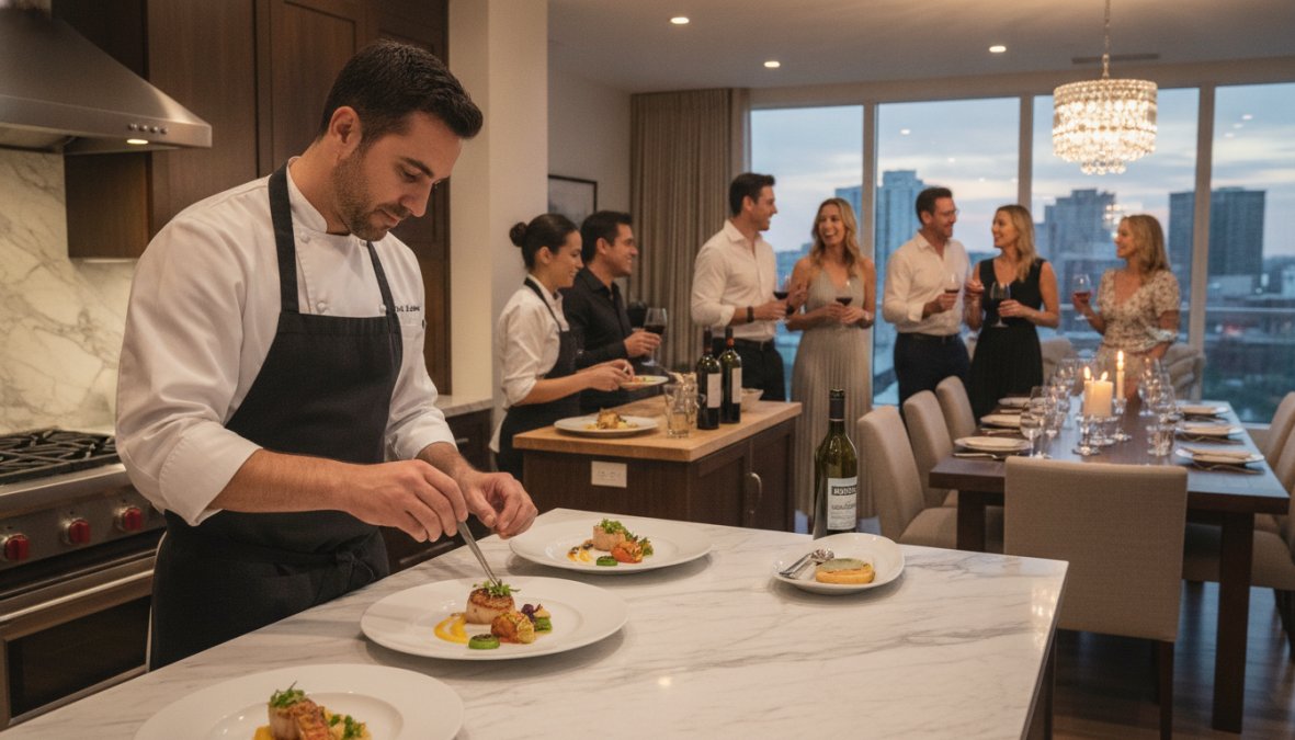 Professional chef plating an elegant dish in a home kitchen while guests enjoy wine and conversation in the background