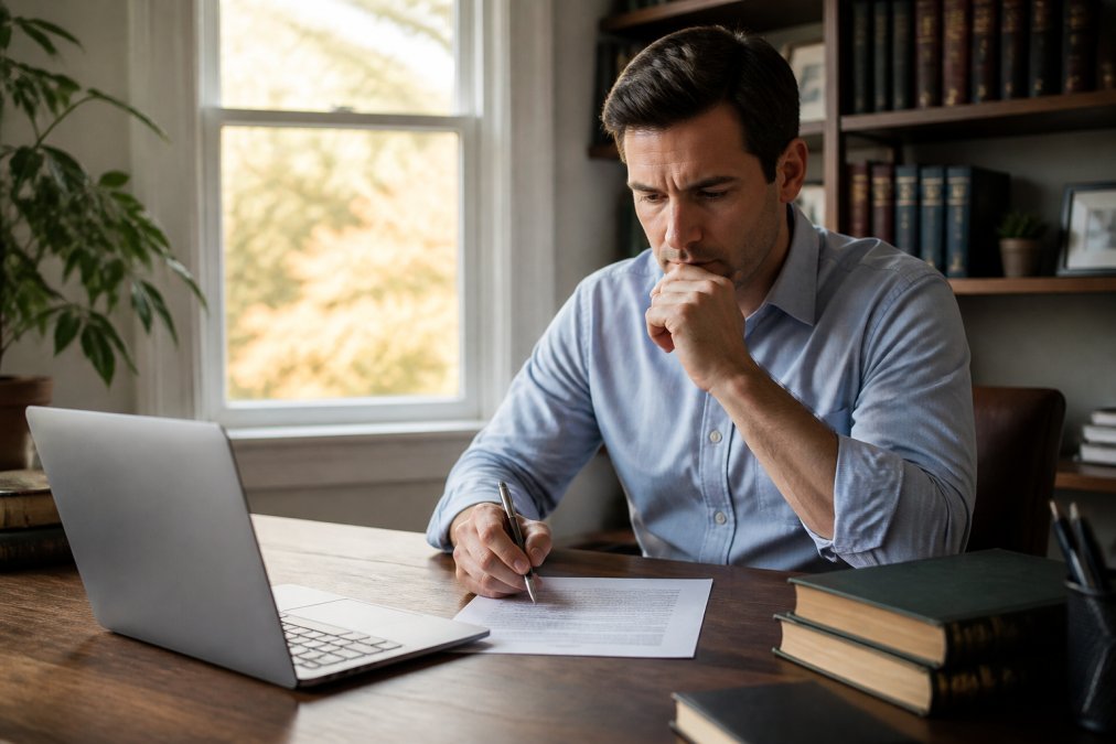 Focused individual reviewing legal documents before hiring a private criminal lawyer in a quiet home office.