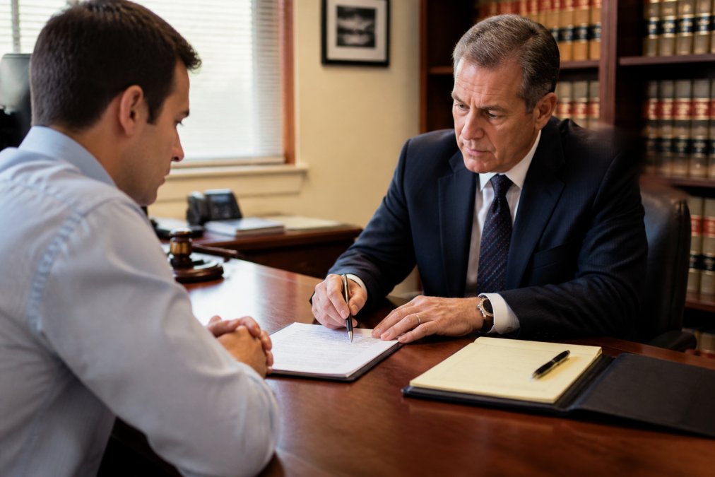 A person sitting at a desk reviewing legal documents with their domestic violence attorney in an office.