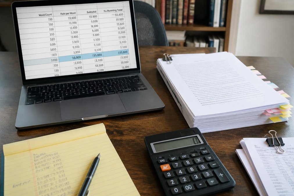 A spreadsheet on a laptop screen showing per-word editing rates, word count totals, and a running budget column, next to a printed manuscript with sticky tabs