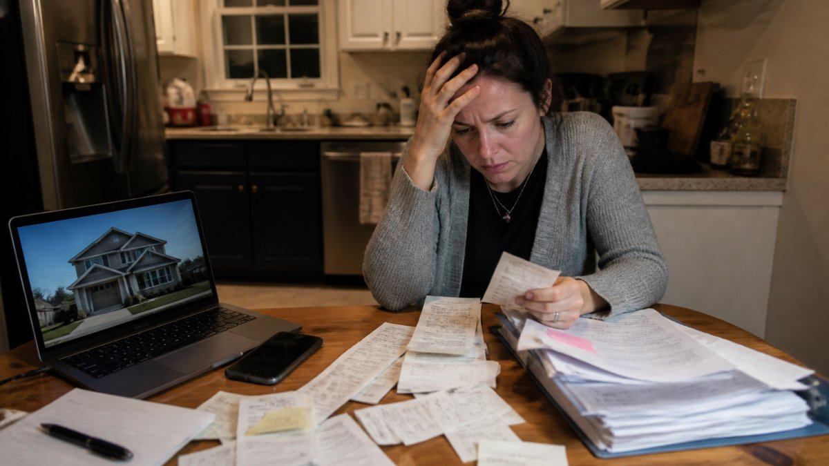 A landlord at a kitchen table at night sorting through paper receipts and a laptop showing a rental listing, phone nearby with notifications, looking tired