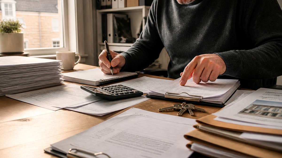Landlord at desk surrounded by rental property documents, maintenance schedules, and tenant files, looking stressed whilst managing multiple tasks simultaneously