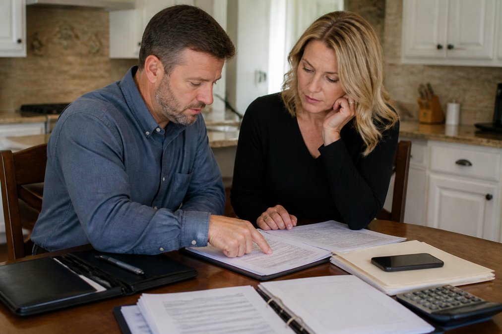 A homeowner and a public adjuster reviewing insurance claim documents together at a kitchen table, with a laptop and paperwork spread out, looking focused and collaborative