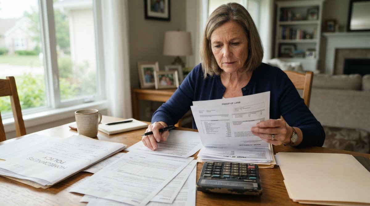 Homeowner reviewing insurance documents and a settlement offer to decide if a public adjuster worth it
