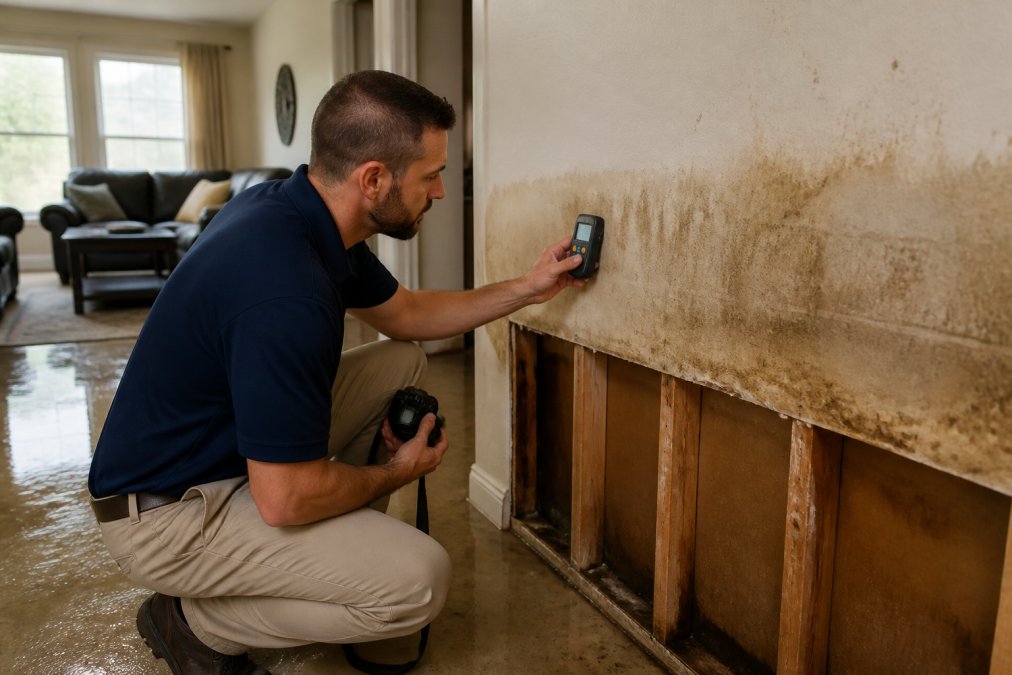 Licensed public adjuster in professional attire inspecting water-damaged residential wall with moisture meter and camera, documenting damage in flooded home interior