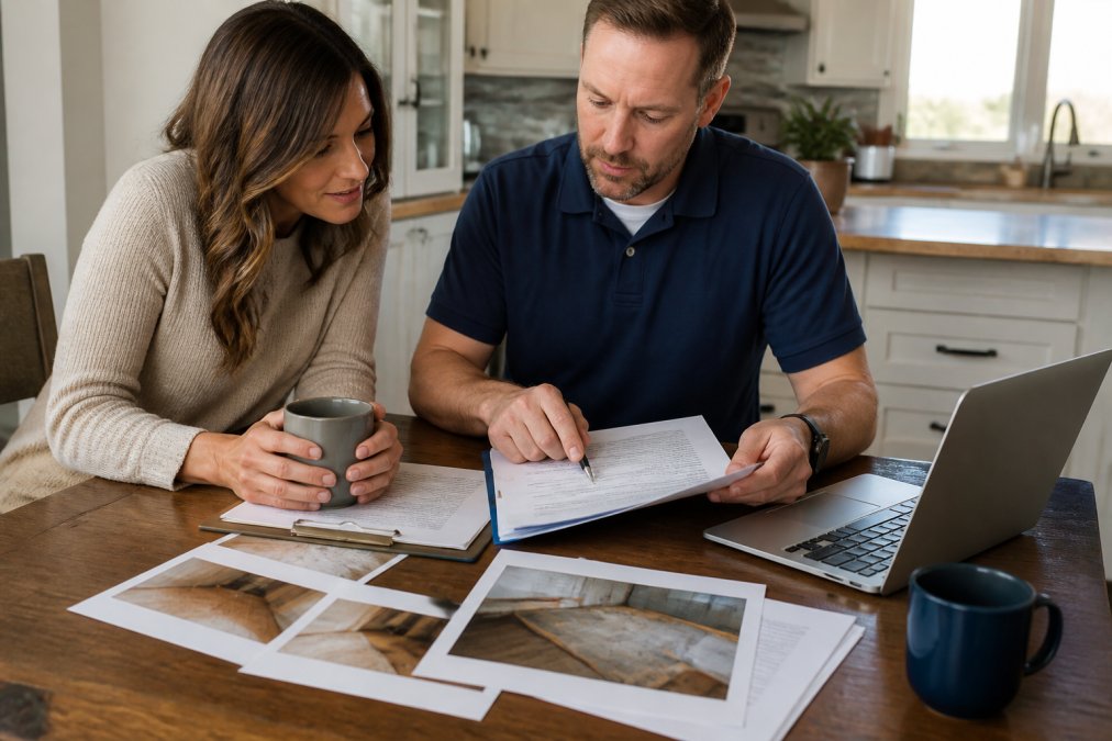 Homeowner and public adjuster reviewing detailed claim settlement documents and photographs at residential kitchen table with laptop and coffee