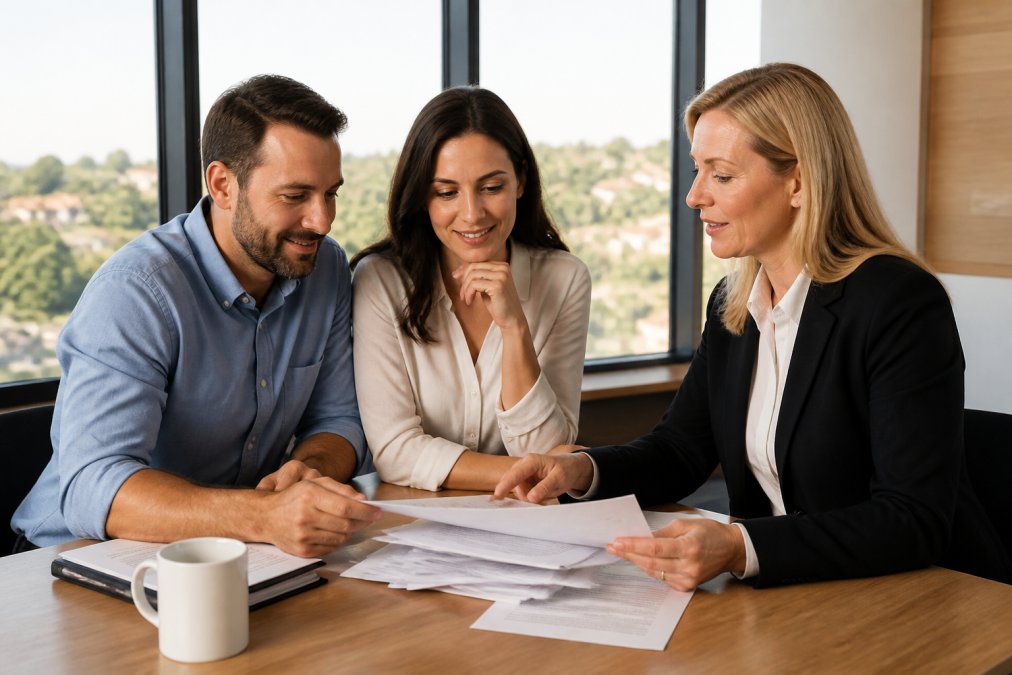 A professional real estate agent sitting across a table from a couple, reviewing a stack of property documents together in a bright, modern office with large windows and warm afternoon light
